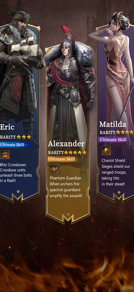 Hero cards for characters Eric Alexander and Matilda in the strategy game Last Land War of Survival