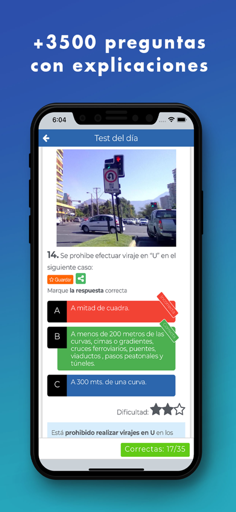PracticaTest mobile app screen showing a driving theory test question with multiple choice answers and feedback