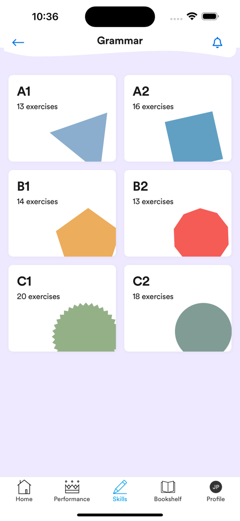 EF Campus Learning app grammar screen showing CEFR language proficiency levels from A1 to C2 with exercise counts