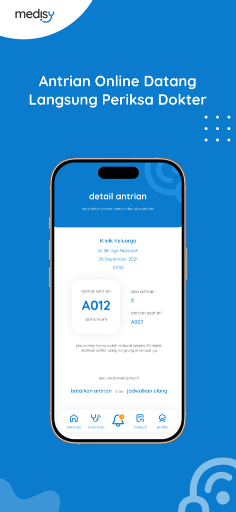 Medisy - Medical Records - Interface de l'application mobile Medisy affichant le statut de la file d'attente des rendez-vous médicaux en ligne en temps réel