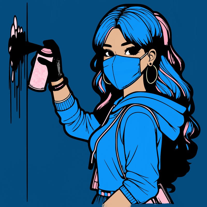 realistic girl with mask spray painting a wall