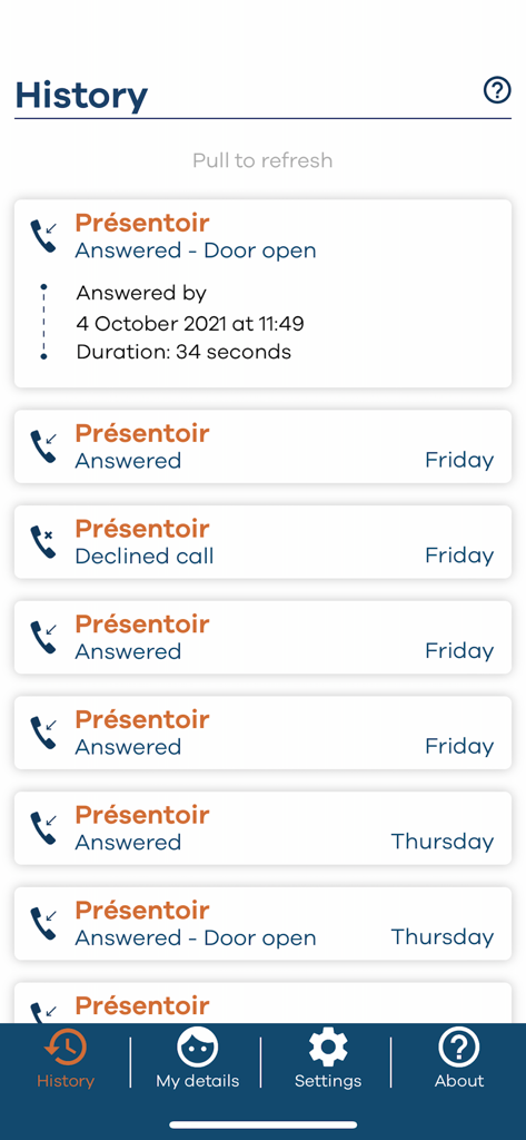 My Intratone - My Intratoneアプリの通話履歴ログ。応答済みおよび拒否されたインターホン通話とドアアクセス状況が表示されています。