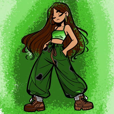 girl in baggy pants crop top and long hair