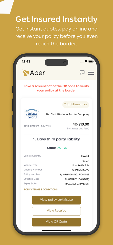 UAE Aber | عابر الإمارات - A smartphone screen displaying an active vehicle insurance policy on the UAE Aber app with options to view the certificate and QR code
