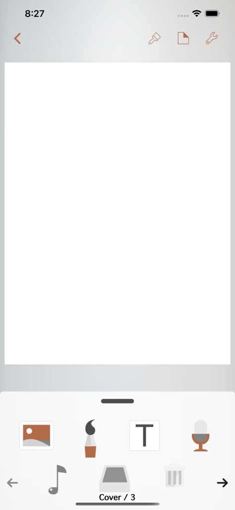 Book Writer One - Interfaz de Book Writer One mostrando una portada de libro en blanco con iconos de arrastrar y soltar para texto, imagen y audio