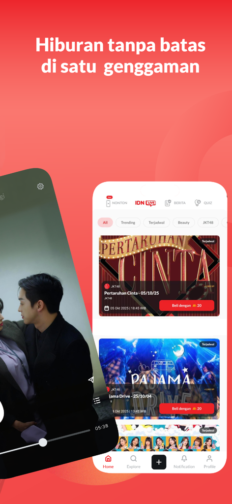 IDN App interface featuring romantic short dramas and live streaming events