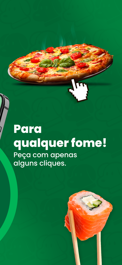 Bigou Delivery - Tela do aplicativo Bigou Delivery mostrando pizza e sushi com texto em português sobre pedir comida em poucos cliques