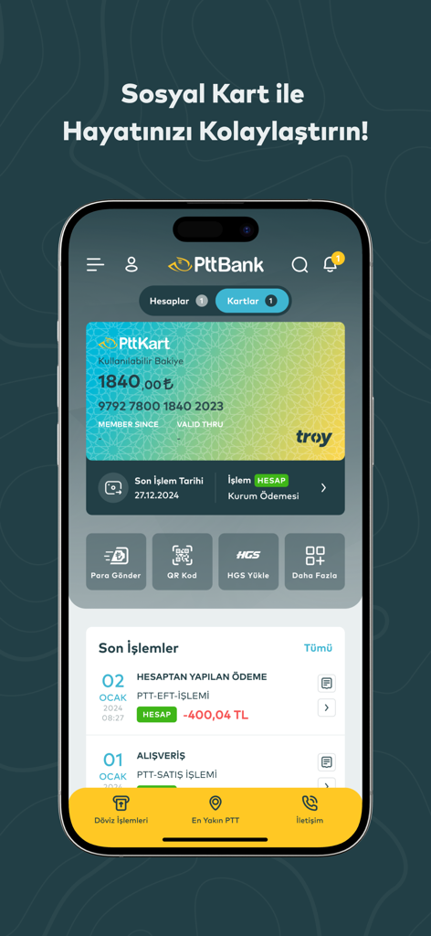 PTTBank mobile app dashboard showing account balance, PttKart details, and recent transactions.