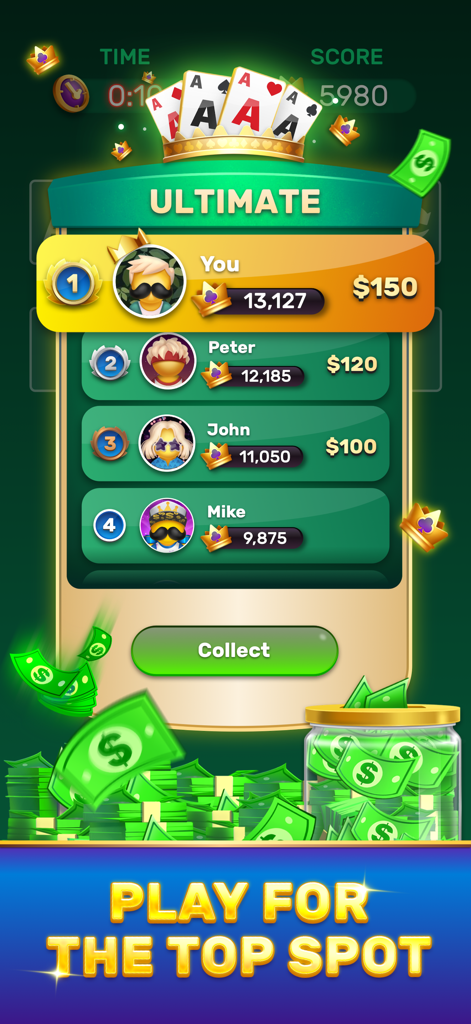 Solitaire Royale app leaderboard showing a player in first place winning a cash prize