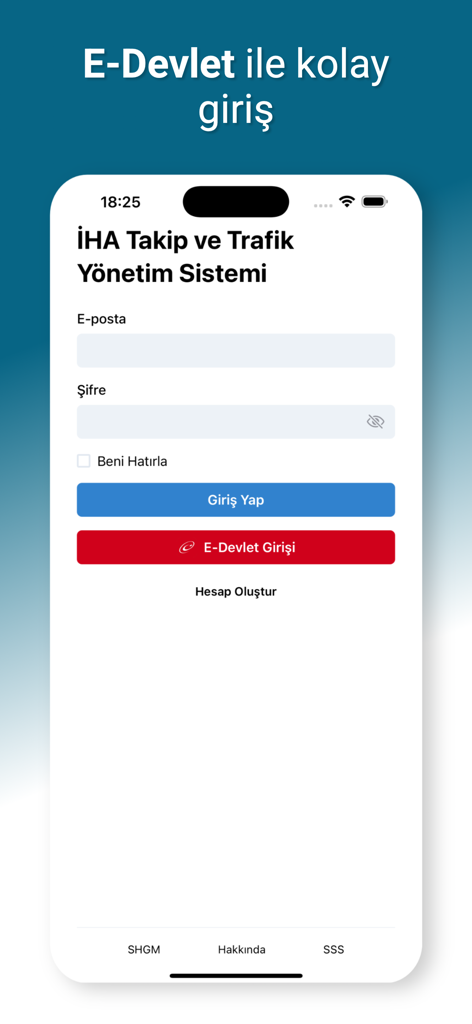 IHA TAKIP - Login screen of the IHA TAKIP app showing email and e-Government authentication options for drone pilots.