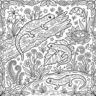 Embrace the beauty of spring with this enchanting coloring page featuring playful salamanders. Explore a vibrant ecosystem teeming with blooming flowers and fresh greenery, ready for your creative touch.