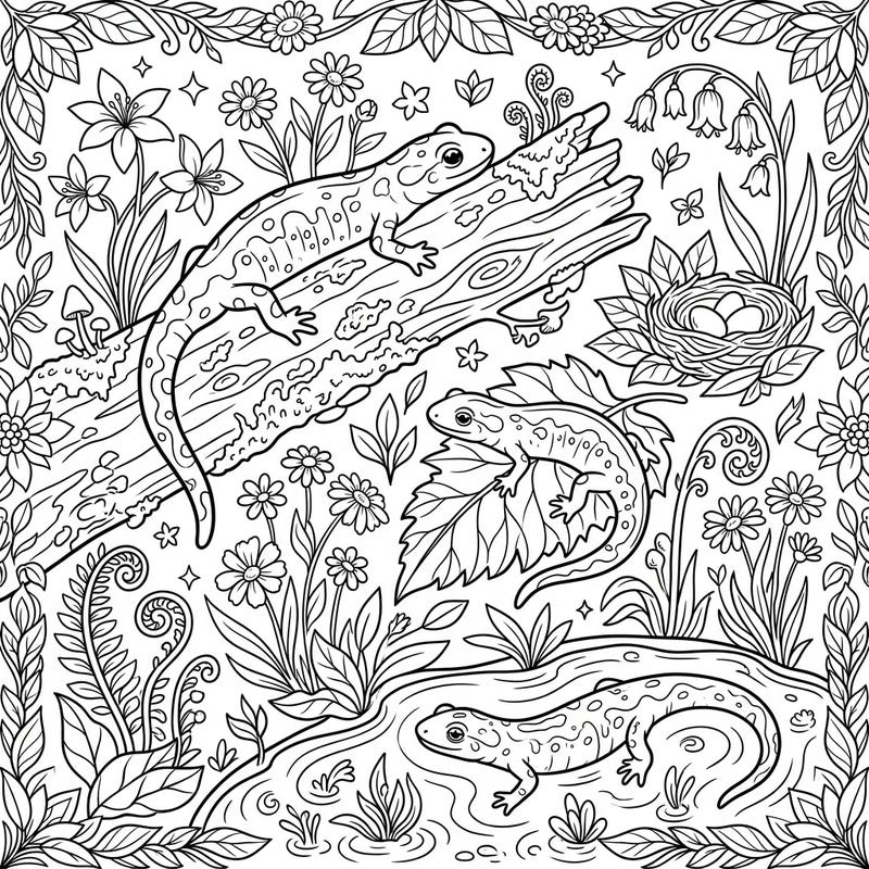 Embrace the beauty of spring with this enchanting coloring page featuring playful salamanders. Explore a vibrant ecosystem teeming with blooming flowers and fresh greenery, ready for your creative touch.