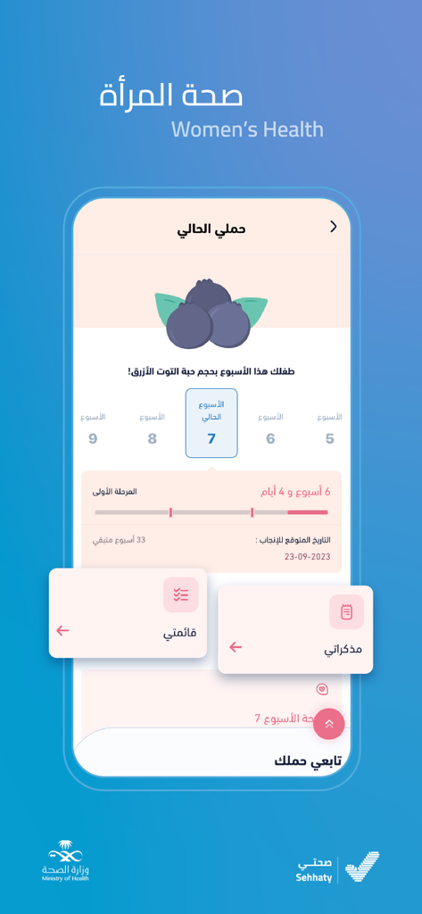 A screenshot of the Sehhaty app showing the Women's Health pregnancy tracker interface with week seven baby size comparison to a blueberry.