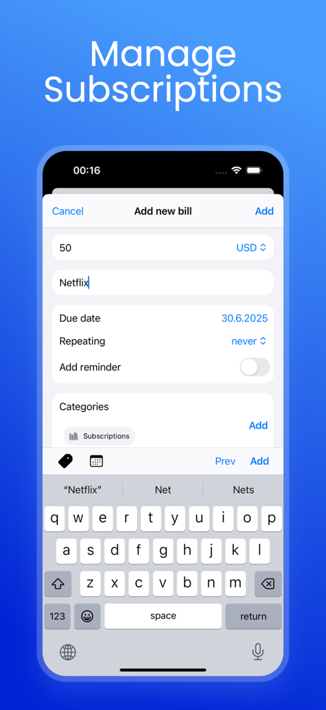 Mobile app interface for manually adding a new bill or subscription with name, amount, and due date fields