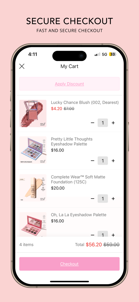 Moira Cosmetics - Ein Mobile App Warenkorb-Bildschirm für Moira Cosmetics zeigt Make-up-Artikel wie Rouge, Lidschattenpaletten und Foundation mit einem pinken Checkout-Button.