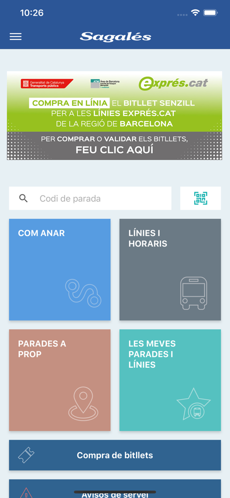 Menu principal de l'application de transport de bus Sagales avec des options pour les itinéraires, les horaires et l'achat de billets