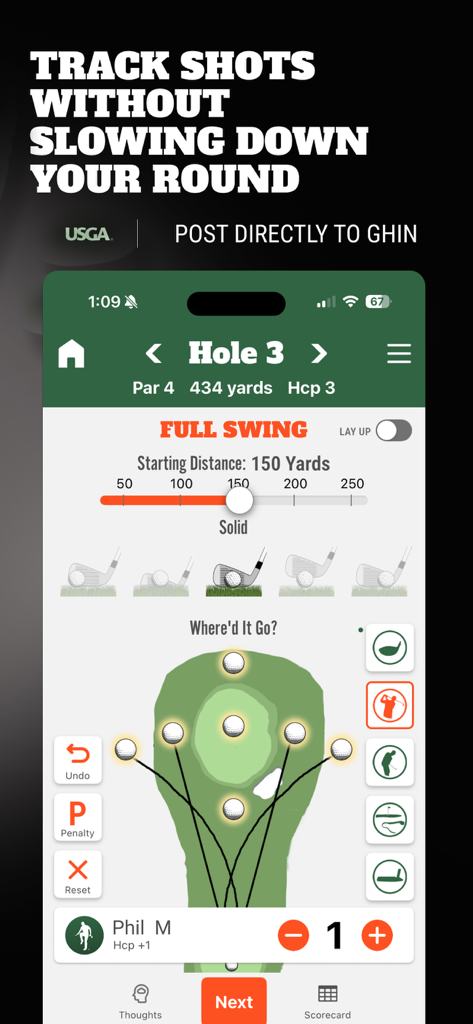 WhyGolf App-Oberfläche mit Schussverfolgung und GHIN-Integration