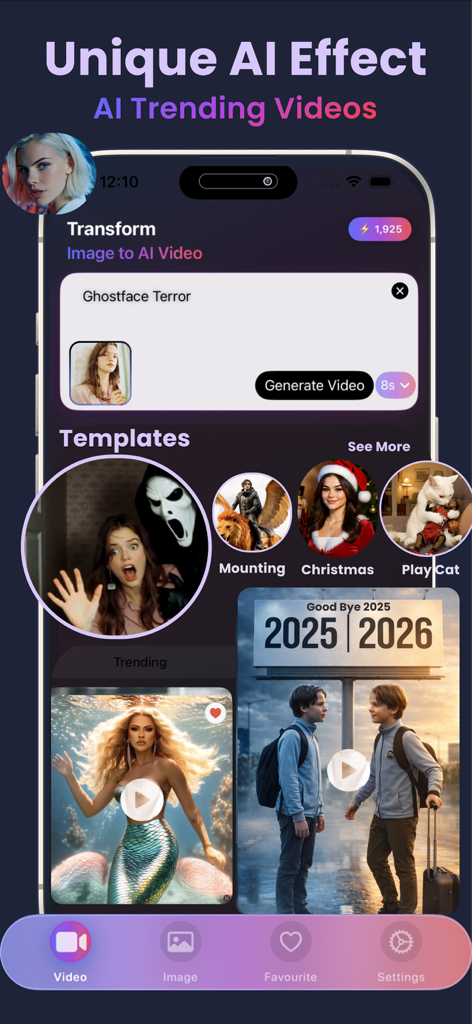 Capture d'écran de l'interface de l'application Bing AI présentant des modèles vidéo IA tendance et des outils de création d'images.