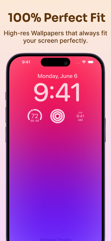 Minipaper: Wallpaper Maker - iPhone-Sperrbildschirm, der ein minimalistisches rosa und lila Farbverlauf-Hintergrundbild mit Widgets anzeigt.