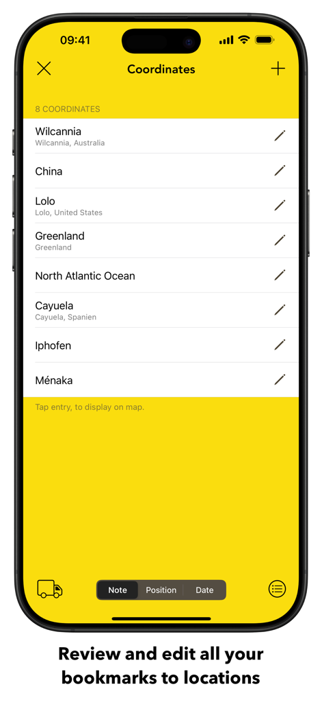 Liste des emplacements géographiques et des coordonnées enregistrés dans l'application Coordinates Pro
