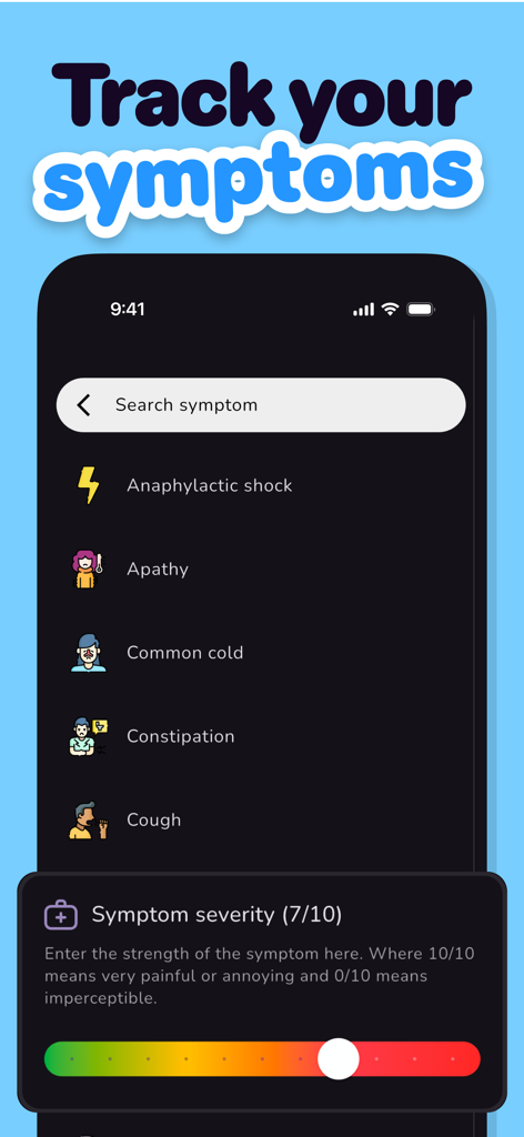 FODMAP & Allergy: InTolerApp - Interfaz de aplicación móvil para rastrear síntomas y calificar su gravedad con un control deslizante codificado por colores.