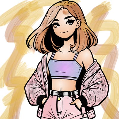a realistic girl with a crop top and short shorts in an open jacket