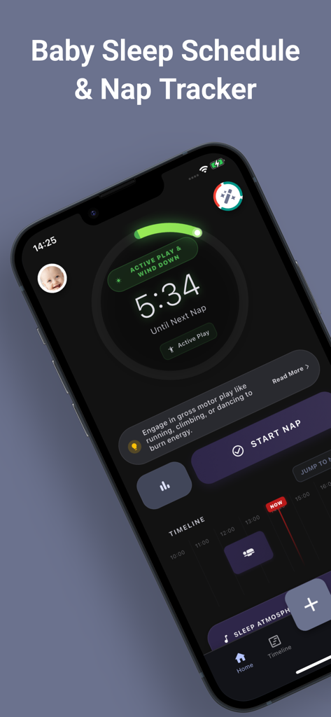 Mobile app interface for My Nap Plan showing a countdown timer until the next baby nap and recommended play activities.