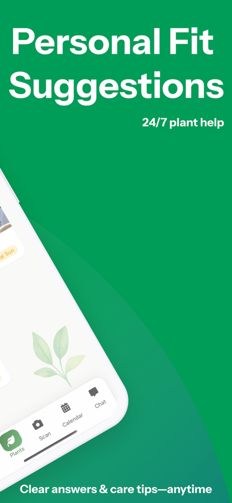 Plantory-App-Bildschirm mit persönlichen Pflanzenvorschlägen und Hilfe