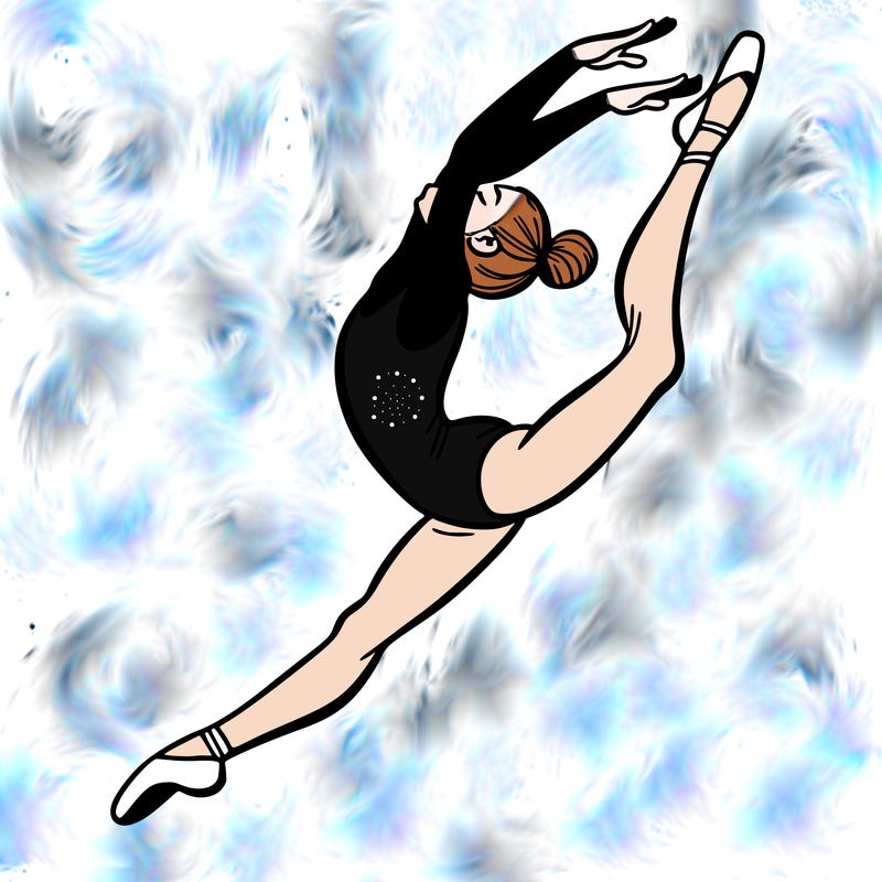 gymnast doing a leap in a leotard with a bent back leg