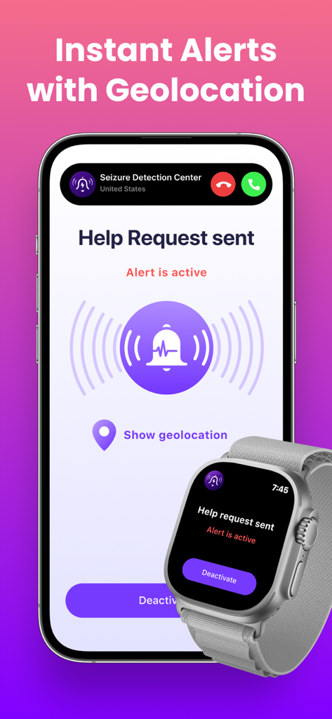 EpiCentr App-Hilferuf-Alarm und GPS-Standortfreigabe auf iPhone- und Apple Watch-Bildschirmen angezeigt.