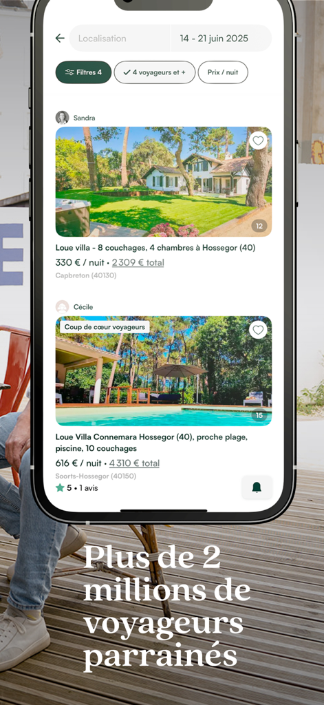 Gens de Confiance app screen displaying verified vacation rental listings for villas in Hossegor