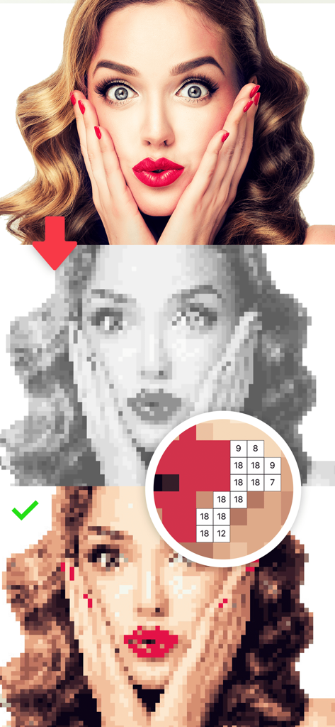 A woman portrait being converted from a photo to a pixel art using a numbered grid system