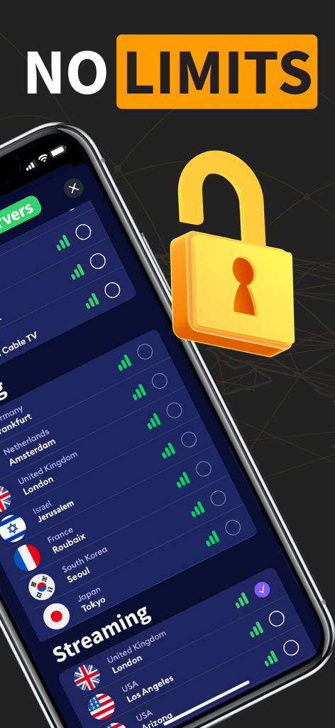 HelloVPN app interface on an iPhone showing an open padlock icon and a list of international servers for streaming and gaming