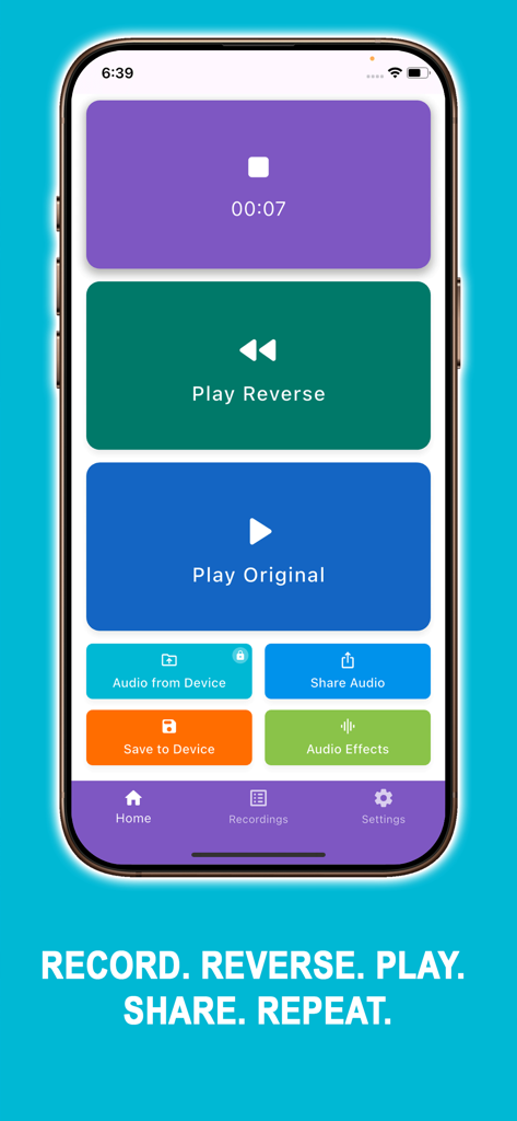 Reverse Singing Audio Trend - Main recording and playback screen of the Reverse Singing Audio Trend app showing buttons to record and play audio in reverse.