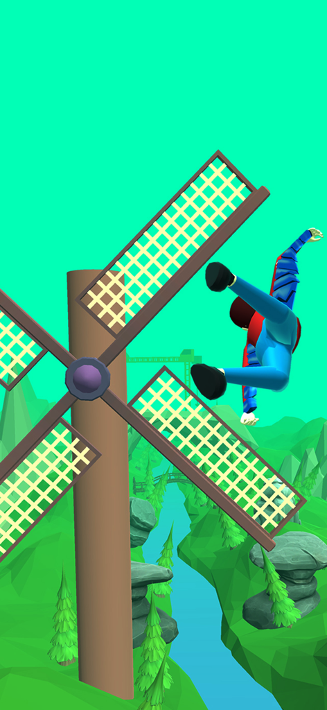 Wingsuit Ride: Skydiving Game - Un piloto de wingsuit volando junto a un gran molino de viento en un valle escénico 3D