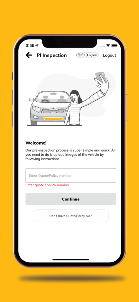 Digit Quick Scan - Pantalla de bienvenida de la aplicación Digit Quick Scan para la pre-inspección de seguro de automóvil que muestra un campo para el número de póliza y una ilustración de un automóvil