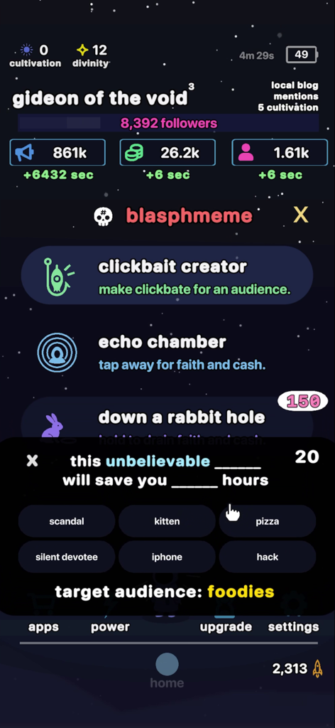 cozy cult - A screenshot of the Cozy Cult mobile game showing the clickbait creator mini game with satirical internet culture options