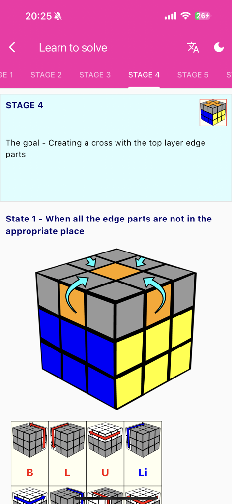 Rubik's Cube Solver & Tutorial - Rubiks Cube tutorial app showing Stage 4 for creating a top layer cross