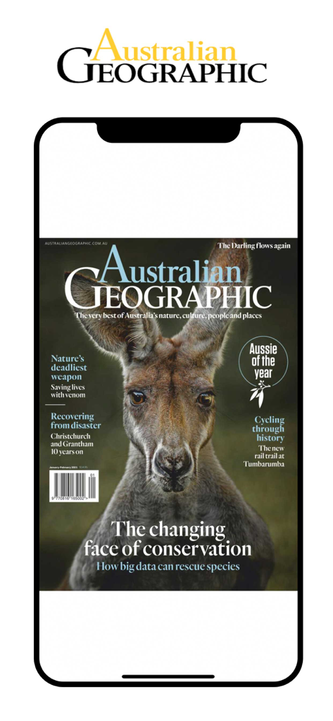 Australian Geographic Magazine - Capa do aplicativo Australian Geographic Magazine exibindo a capa de uma edição digital com um canguru