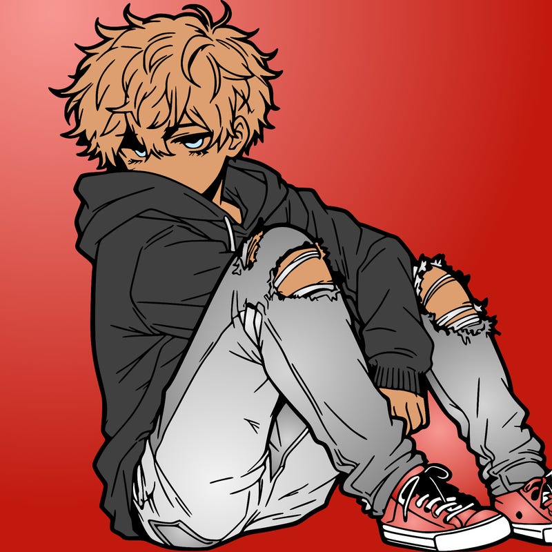 a male hoddie ripped jeans messy hair anime