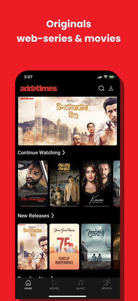 Addatimes - The home screen of the Addatimes app showing original Bengali web series and movies with categories like Continue Watching and New Releases