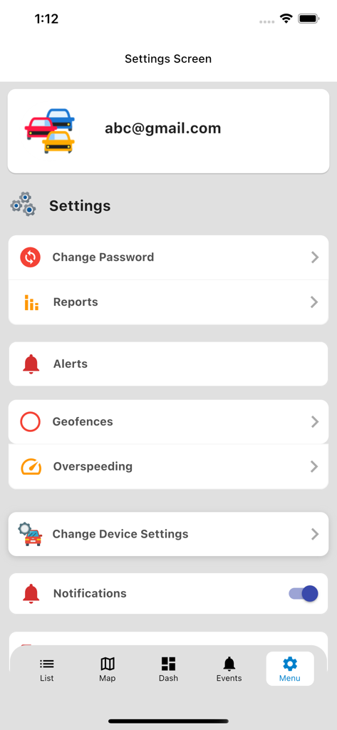 SF Tracker - SF Tracker Einstellungen-Bildschirm, der Optionen für Berichte, Benachrichtigungen, Geofences und Geschwindigkeitsüberschreitungs-Kontrollen anzeigt.