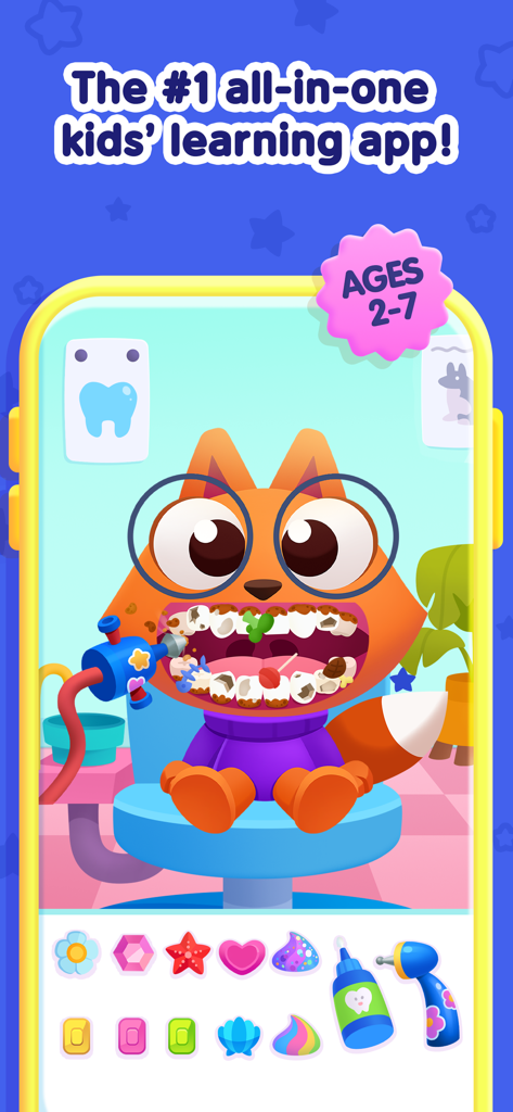 A fox character in a dentist roleplay game for kids learning