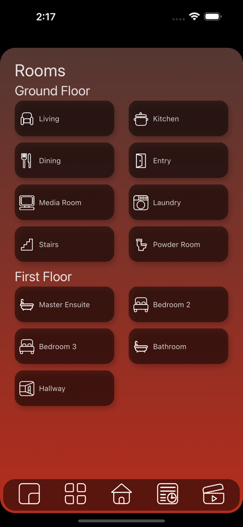 CTC SpaceLogic - CTC SpaceLogic app dashboard showing room selection for ground and first floors in a smart home system.