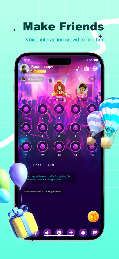 Smartphone screen showing Oohla app group voice chat interface with virtual party room and gifts