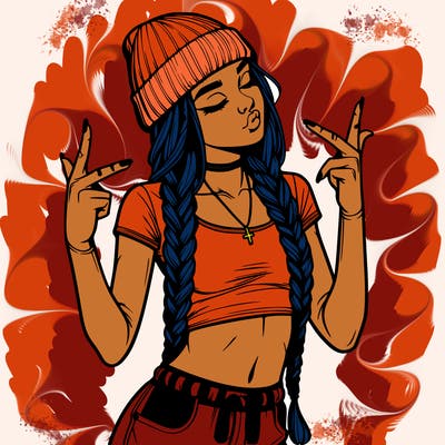 realistic teenage girl with braids and a beanie and crop top doing 🫶🏼