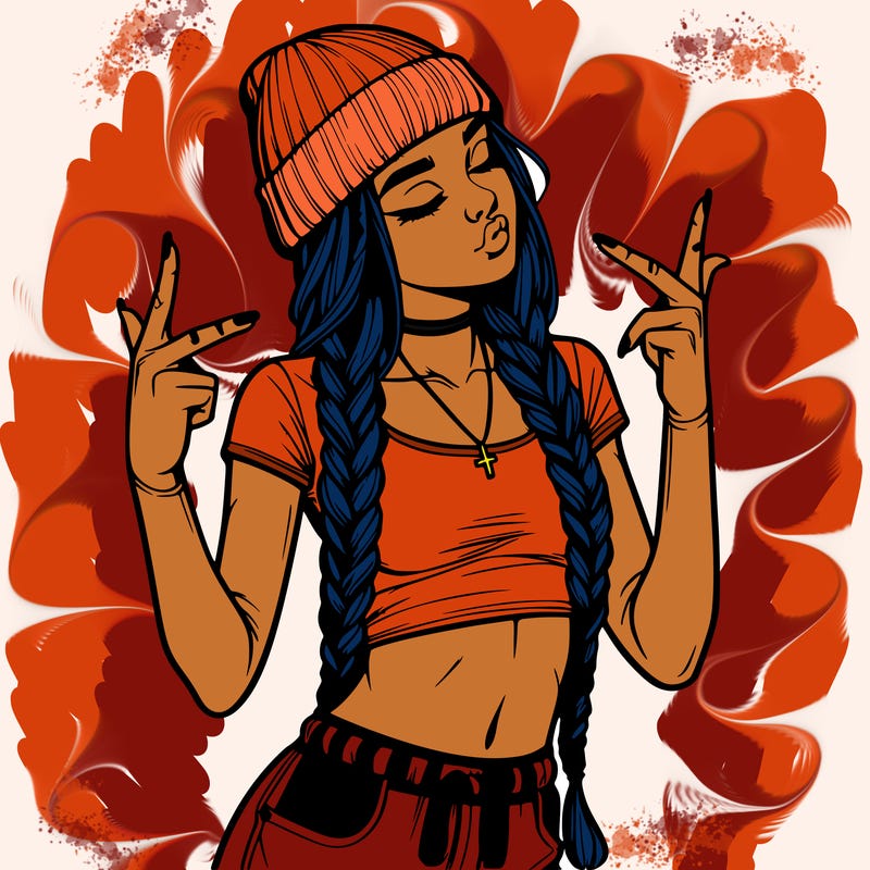 realistic teenage girl with braids and a beanie and crop top doing 🫶🏼