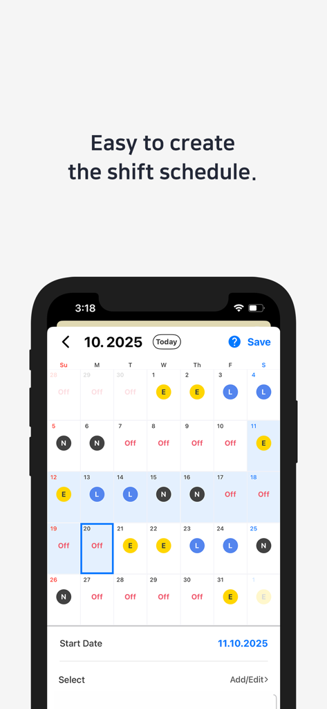 Interface do aplicativo Turno de Hoje mostrando um calendário mensal com turnos de trabalho e dias de folga codificados por cores.