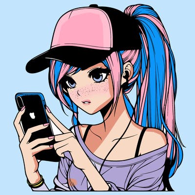 realistic girl with a long ponytail and trucker hat holding an iphone