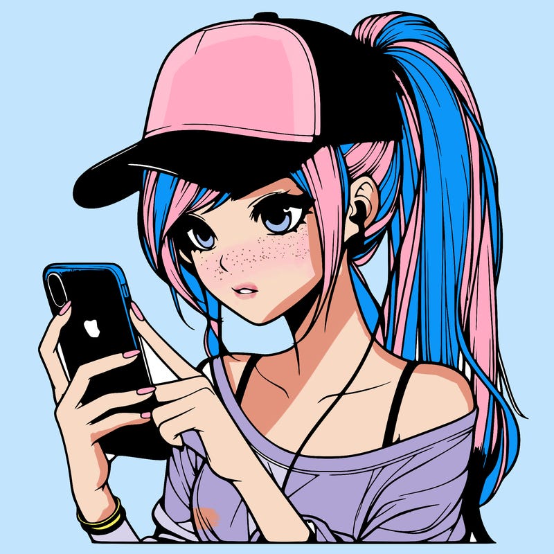 realistic girl with a long ponytail and trucker hat holding an iphone